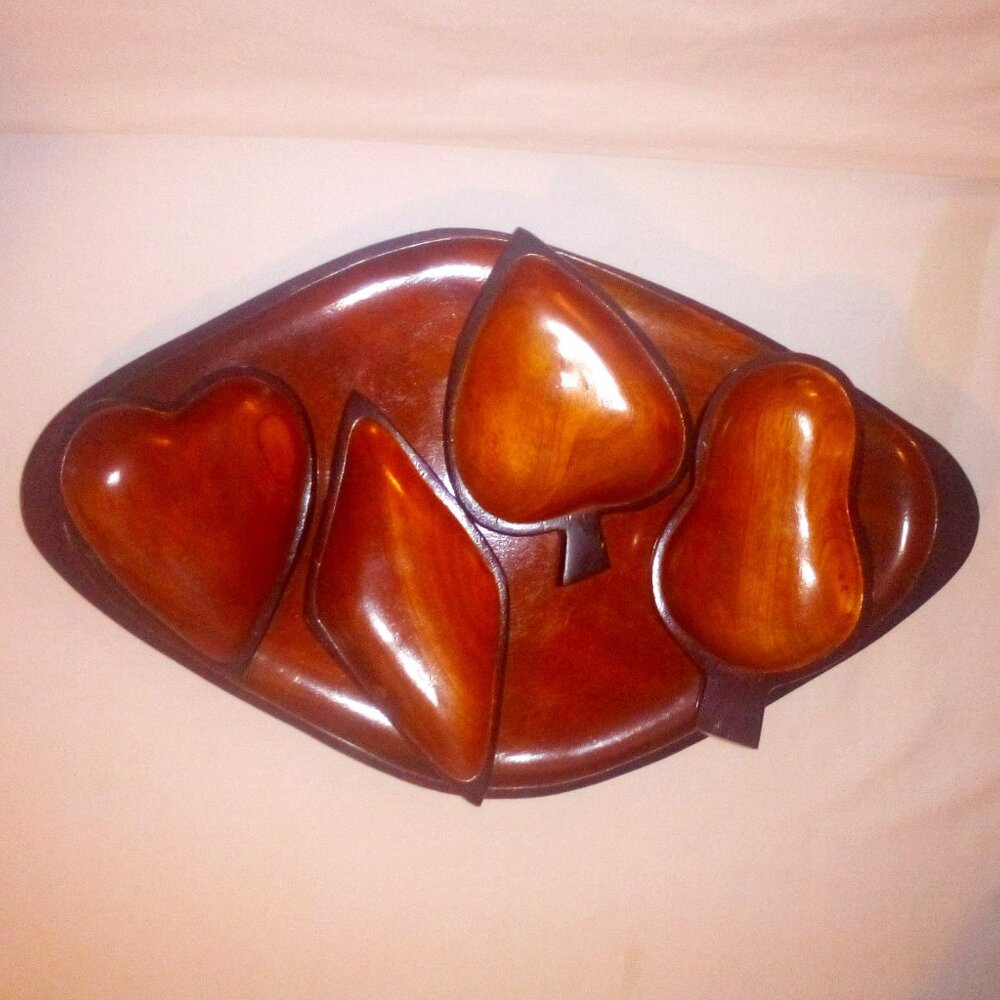 Mid Century Modern Wood Playing Card Serving Set: Heart, Diamond, Spade & Club